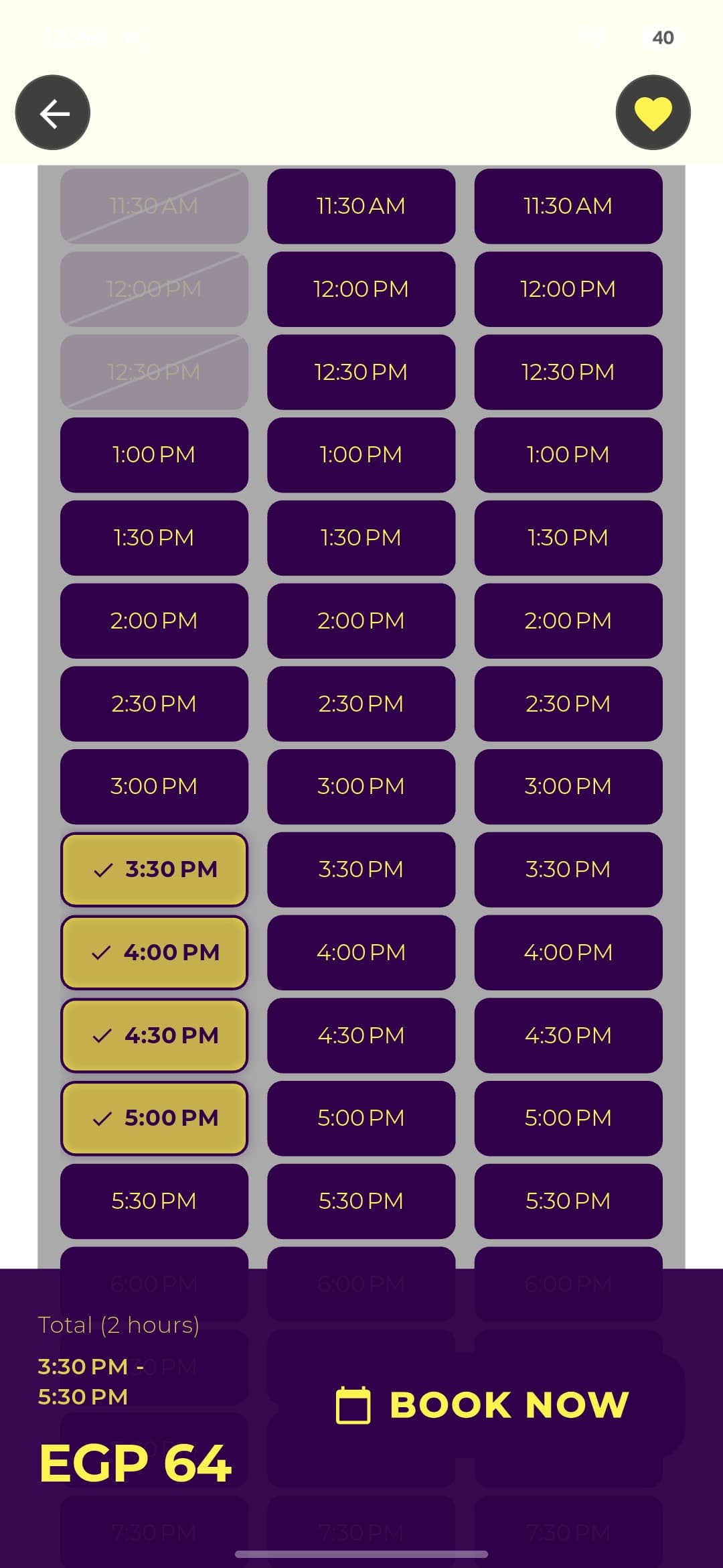 KLIK booking screen with a two-hour slot selected and a Book Now button