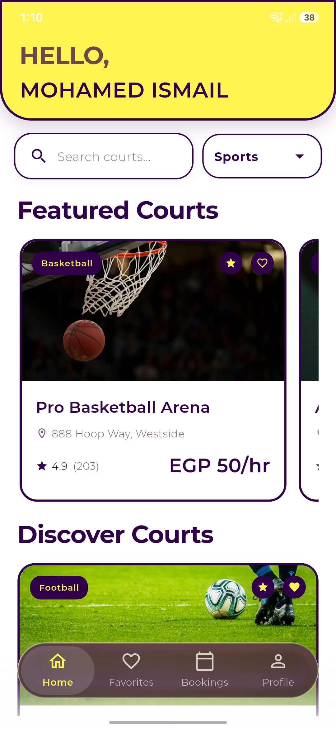 KLIK home screen listing featured and nearby courts
